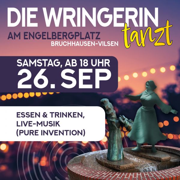 Collage mit verschwommenen Hintergrund und der tanzenden Statue der Wringerin. Schrift auf dem Bild weist auf die Veranstaltung 