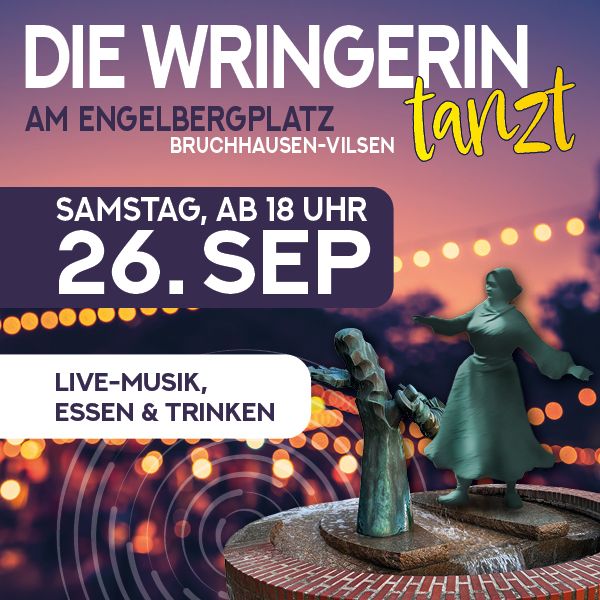 Collage mit verschwommenen Hintergrund und der tanzenden Statue der Wringerin. Schrift auf dem Bild weist auf die Veranstaltung 