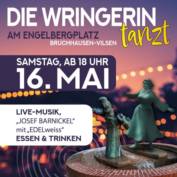 Collage mit verschwommenen Hintergrund und der tanzenden Statue der Wringerin. Schrift auf dem Bild weist auf die Veranstaltung 