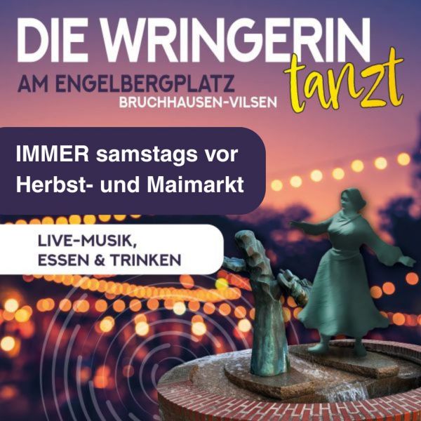 Collage mit verschwommenen Hintergrund und der tanzenden Statue der Wringerin. Schrift auf dem Bild weist auf die Veranstaltung 